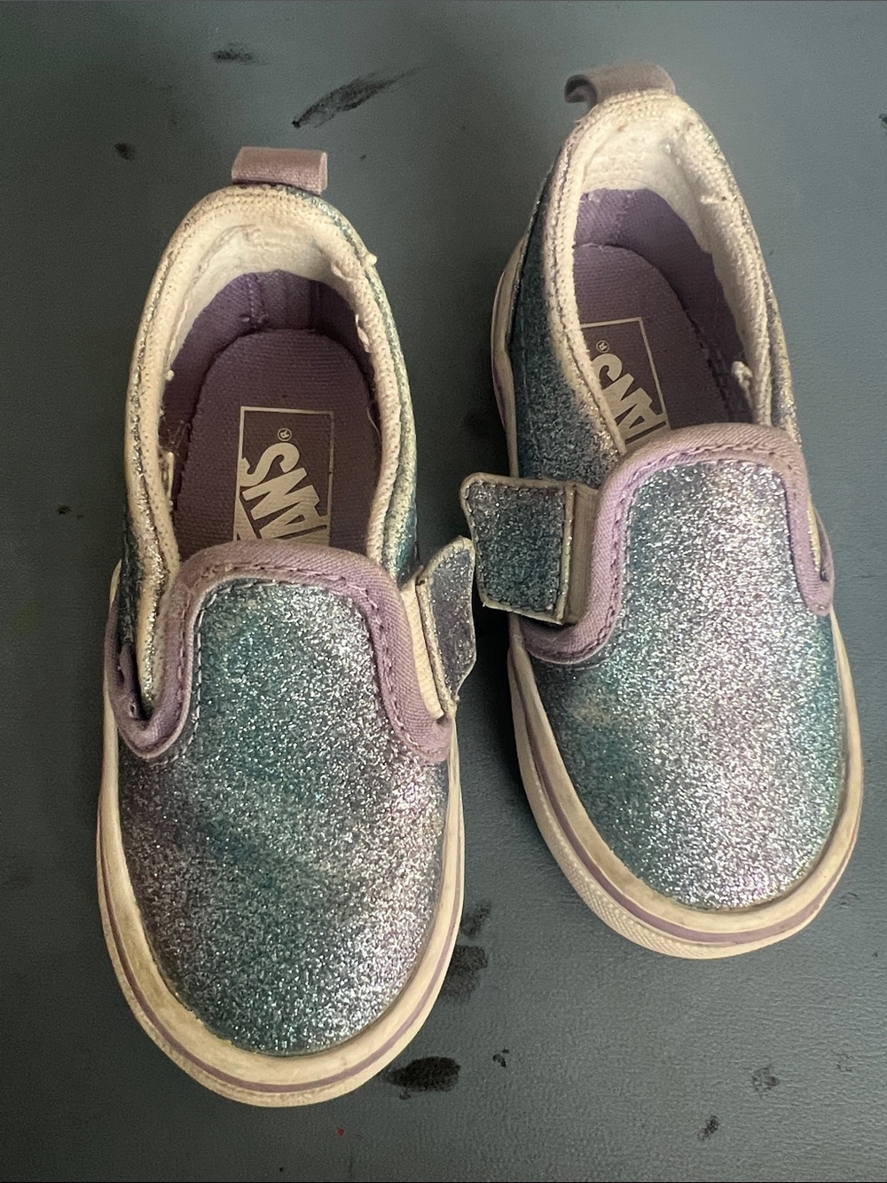 Vans Kids Glitter Slip-On Sneakers in Purple and Teal